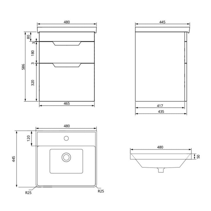 Sonas - Freya 50cm 2 Drawer Wall Hung Vanity Unit (Matt Coral Green with Gold Handle)